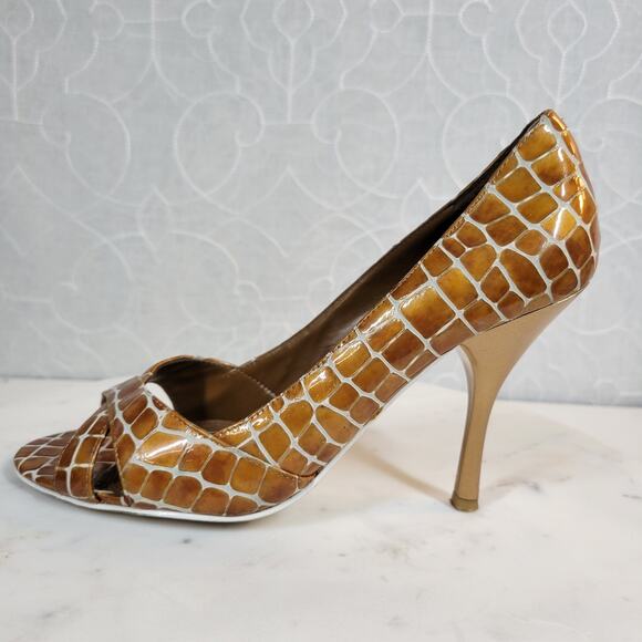 Enzo Angiolini Womens Shoes 7.5 Orange Leather Giraffe Print Open Toe Pump Heels - Picture 8 of 16